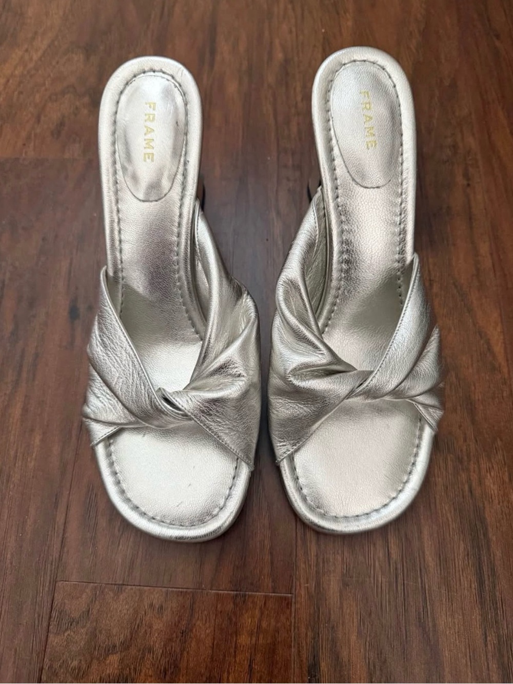 Frame Denim Metallic Silver Knotted Slide Mules